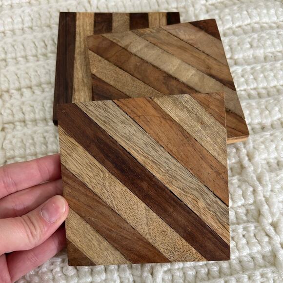 inlay wood design coasters- set of 4rustic wooden accent decor - stripes cabin - Picture 3 of 7